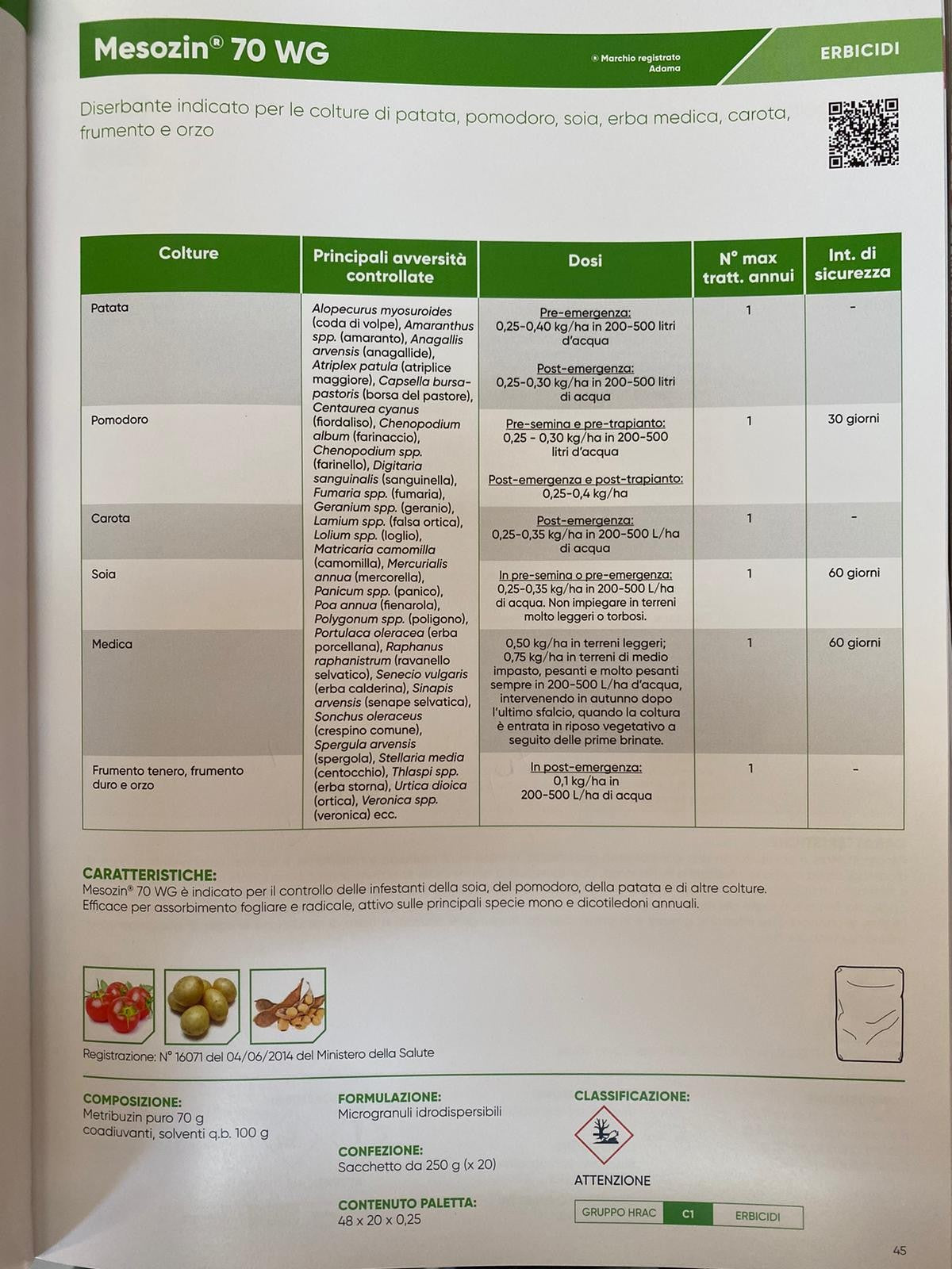 Mesozin 70 WG 250GR Herbicide sélectif systémique pour le contrôle des mauvaises herbes à feuilles larges et graminées dans les cultures agricoles