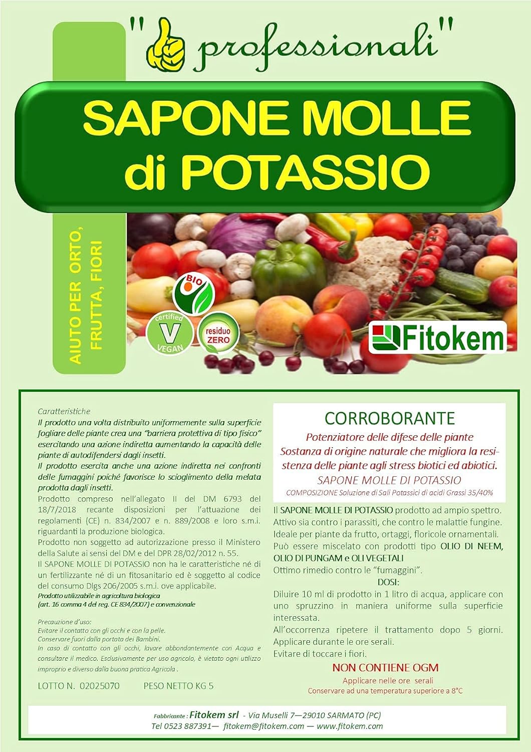 Fitokem | Sapone molle di potassio concentrato 5Kg | Lava Melata Corroborante Biologico che potenzia le difese delle piante - Previene le infestazioni dei parassiti